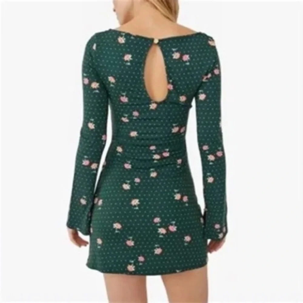 NWT! Free People Green Emerald Celia Floral Square Neck Long Sleeve Dress ♥️